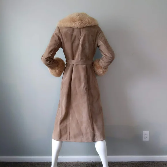 Vtg 70s Almost Famous Shearling Collar Cuffs Suede Maxi Wrap Trench Coat XS S - Picture 6 of 7
